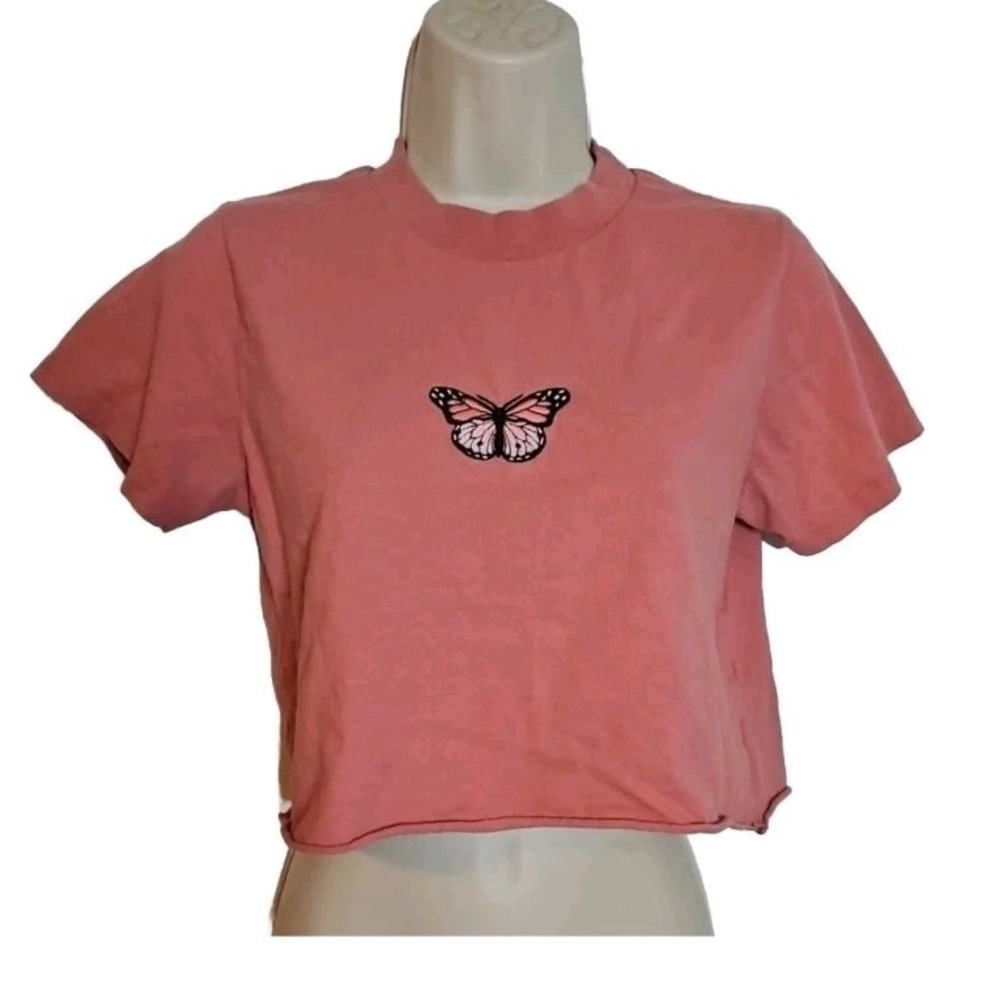 Brandy Melville Pink Y2K Crop Baby‎ Tee Embroidered Butterfly Rolled Hem Size XS